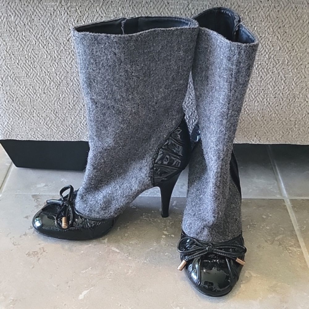 BCBG MaxAzria Gray Fabric Black Patent Leather Heeled Boot - Size 8.5